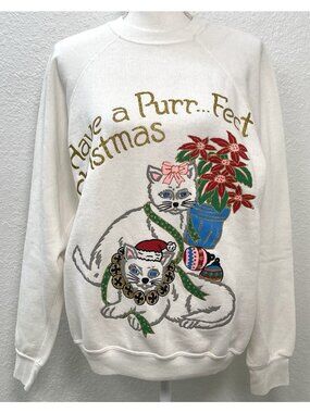 VTG EZL by Marcy n Me Adult L/XL White HAVE A PURR-FECT CHRISTMAS Cat Sweatshirt